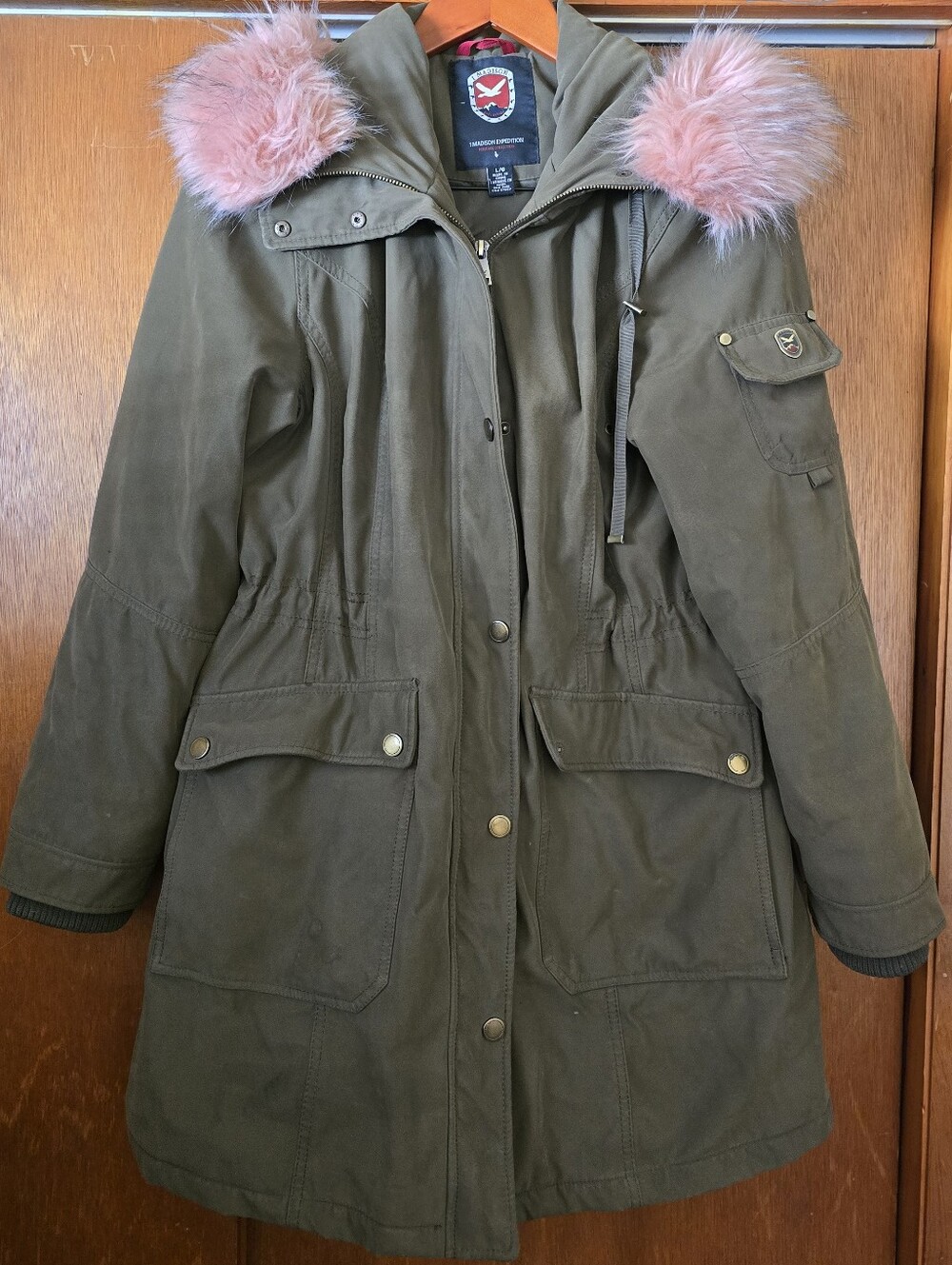 1 Madison Olive Trench Coat with Pink Faux-Fur Hood Trim